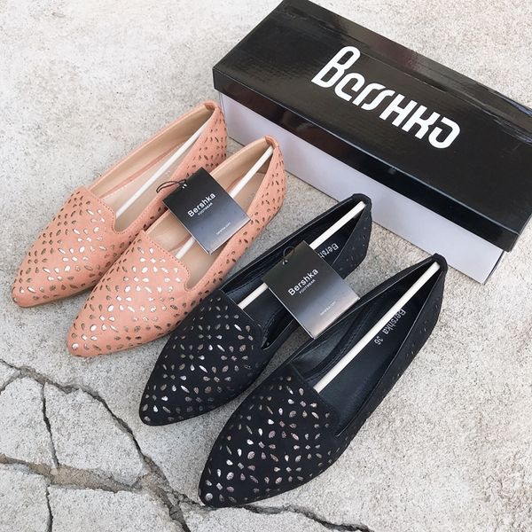 

women's spring new flat sole laser cut out single shoe hole shoes pointed large women's shoes 41 womens shoes flats c1120, Black