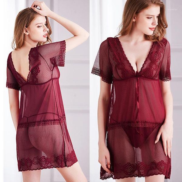 

2020 new plus size lingerie ladies short-sleeved mesh pajamas lace beautiful back nightdress...1, Black;red