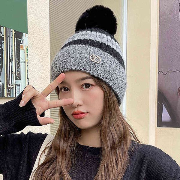 

beanie/skull caps herfst gebreide wollen hoed vrouwen mode wilde schattige haarbal oorbeschermers winter warmte en cap 1125, Blue;gray