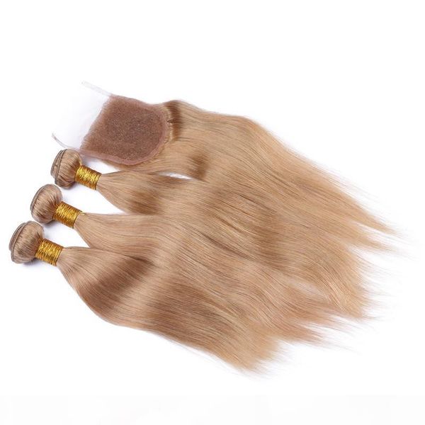 

#27 honey blonde malaysian human hair 3bundles with closure 4pcs lot strawberry blonde hair weaving with 4x4 lace closure silky straight, Black