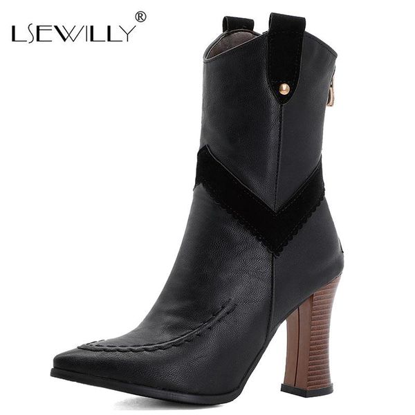 

boots lsewilly 2021 autumn winter thick high heels point toe mid-calf women soft pu leather zipper black big size
