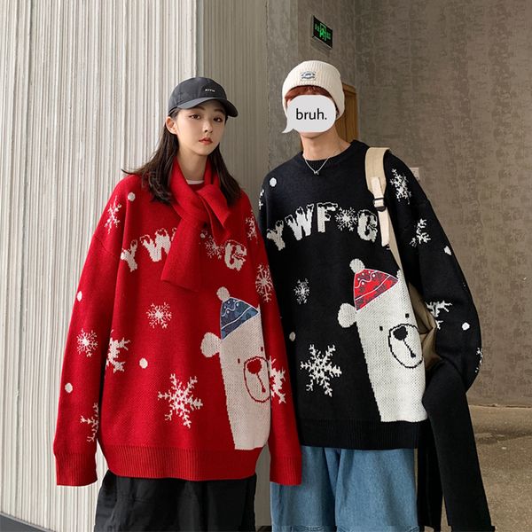 

cute bear sweaters women clothes 2020 korean fashion winter knitted cartoon snowflake sweater men casual pull over couple jumper h1211, White;black