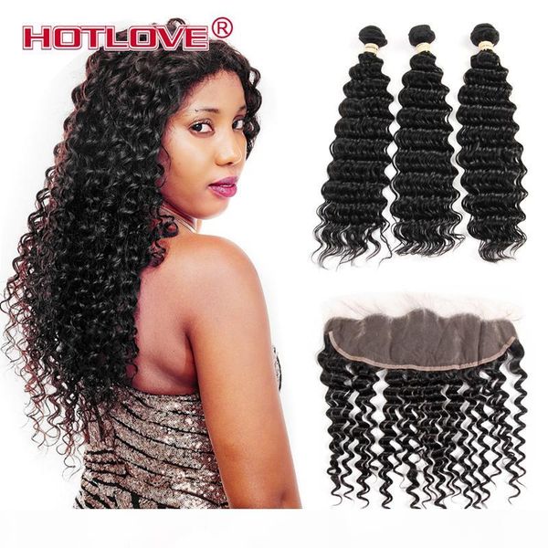 

ove indian deep wave lace frontal closure with bundles 100% human hair weave 3 pcs with closure deep curly india virgin hair extension, Black;brown