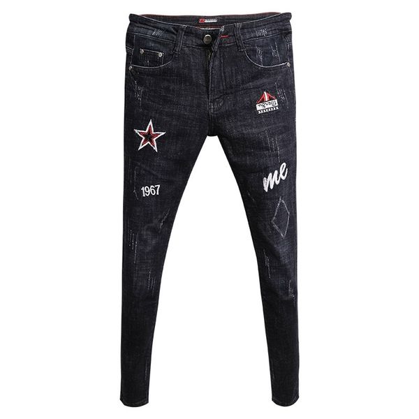 

new fashion embroidered skinny jean men classic small feet pencil pants male thin black stretch slim denim trousers hombre 201111, Blue