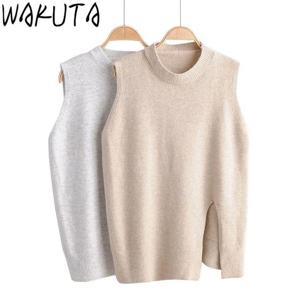 

women's vests wakuta spring autumn fashion vest women 2021 simple soft style front split o-neck sleeveless pullover chic waistcoat offi, Black;white