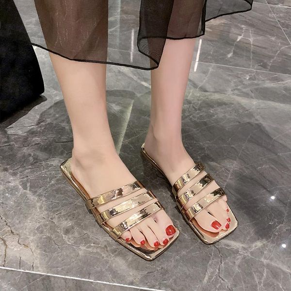 

slippers gold silver flat women square toe summer pu narrow band fashion open slides party shoes1, Black