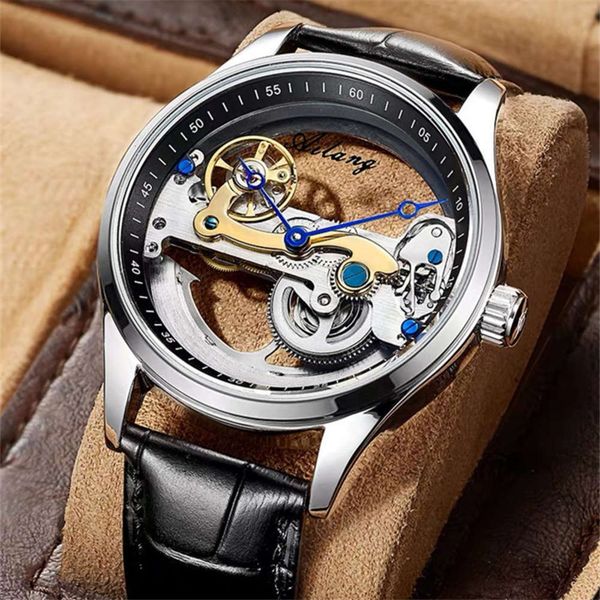 

mechanical automatic lang watch new ai men's hand personalized watch double sided hollow out men's waterproof mechanical watch fpe, Slivery;brown