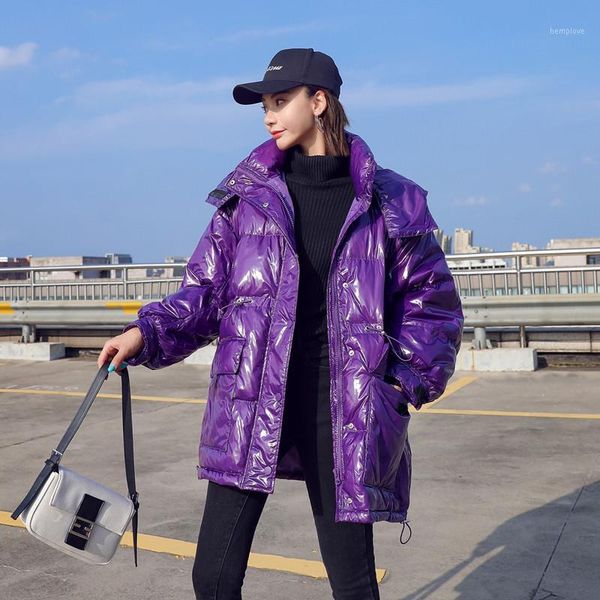 

glossy down coat women 2021 new autumn winter korean loose removable hooded parka candy color warm white duck down jacket female1, Black