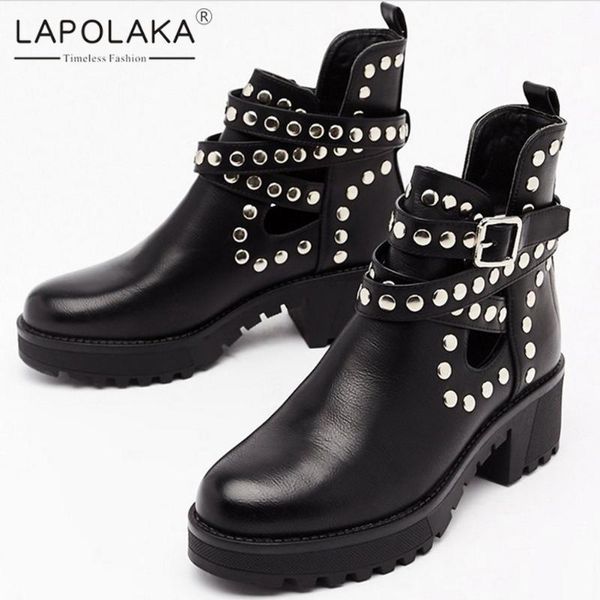 

boots lapolaka fashion 2021 rivet shoes lady female chunky heels platform buckle strap office, Black