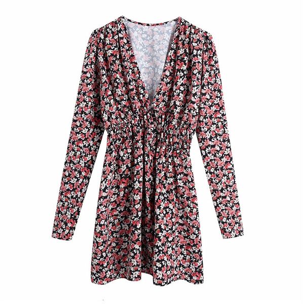 

2021 new floral print mini women fashion with shoulder pads long sleeve v neck short dress woman elastic waist elegant dresses aw1l, Black;gray