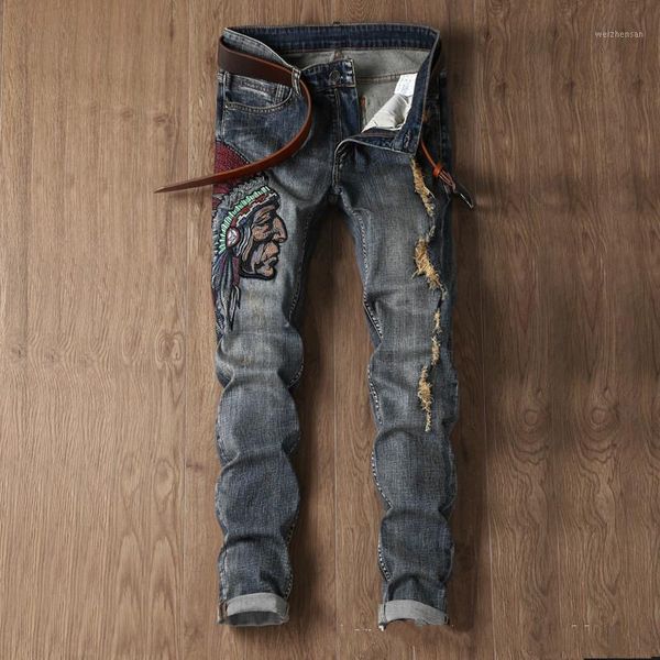 

fashion men's jeans ripped pants stretch motor jeans straight denim pants distressed trousers1, Blue