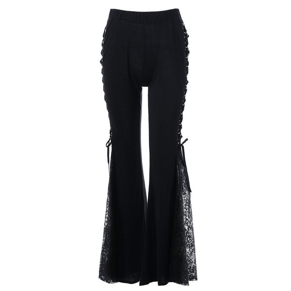 

women gothic lace flare pants lace up patchwork slim trousers fashion bandage side see through europe style casual bellbottoms y19070101, Black;white