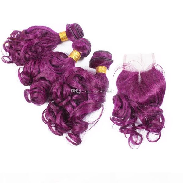 

#purple natural wave hair weaves with lace closure 9a malaysian human hair natural curly human hair 3 bundles with lace closure, Black