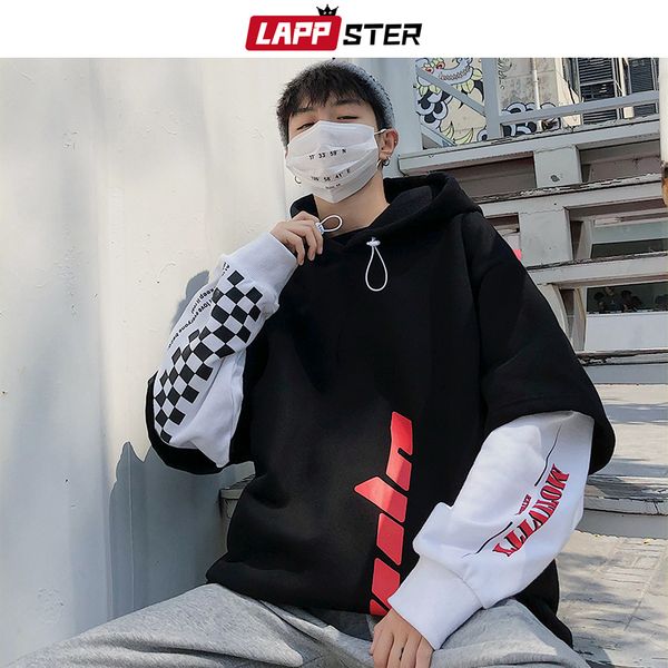 

lappster men hip hop fleece hoodies 2020 man winter japanese streetwear sweatshirts male pullover black patchwork hooded hoodies c1118, Black;white