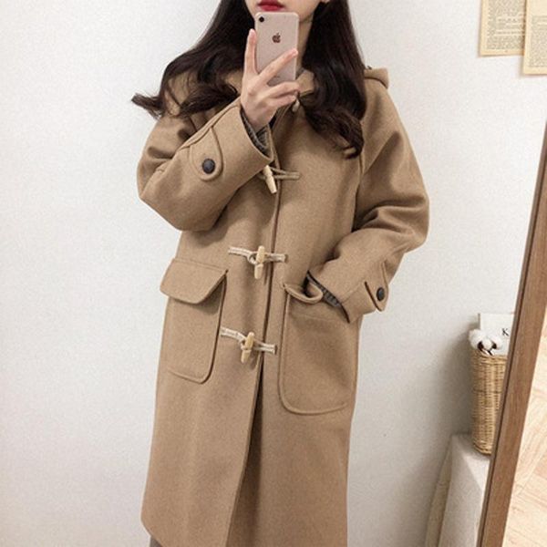 

средняя длина шерстяной моды пальто женщин 2020 осенью и зимой новый маленький толстый рог с капюшоном шерстяное пальто, Black