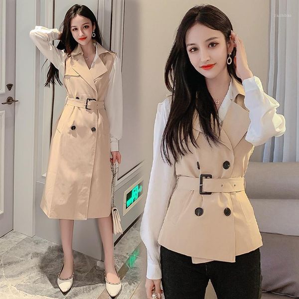 

windbreaker british style v-neck female bow lace up mid-length vest trench coats short double-breasted lapel 2020 autumn z6361, Tan;black