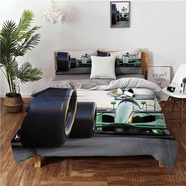

sports theme indy cars on an asphalt road with motion blur formula race printbedding 3-piece set