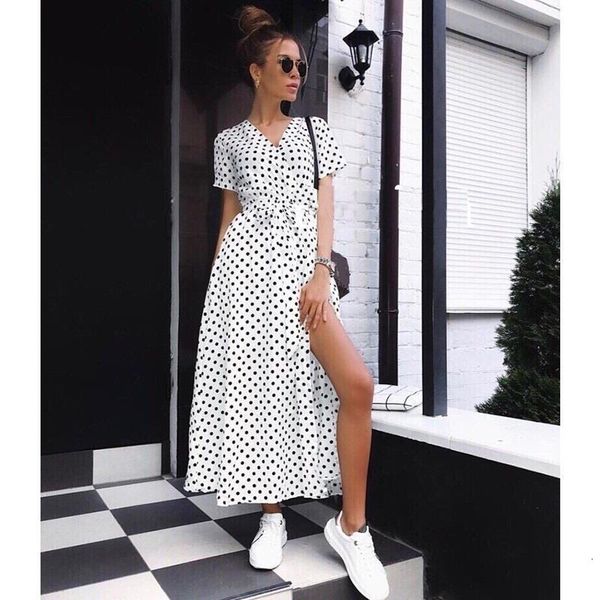 

women polka dot print a line party dress v neck short sleeve split dress 2021 summer casual beach boho maxi dress, Black;gray