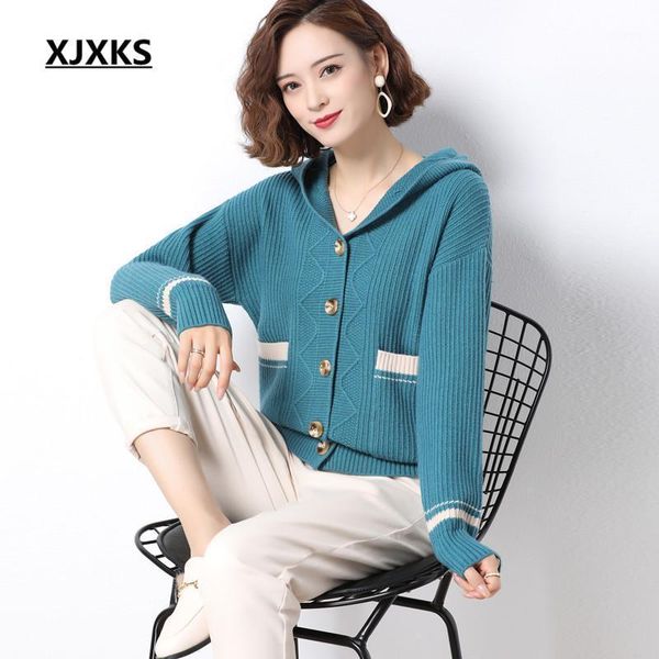 

xjxks 2021 autumn winter new fashion hooded women jacket high-end wool knitted cardigan women sweater jacket1, Black;brown