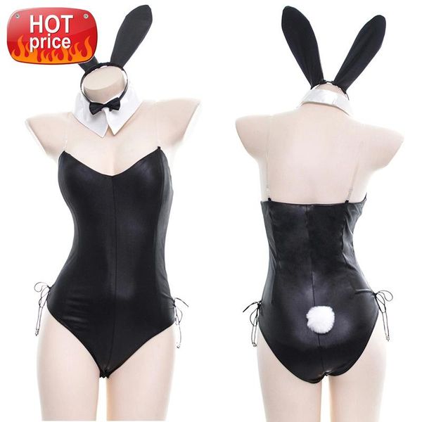

japanese lingerie bodysuit cute bunny girl faux leather material rabbit woman underwear set kawaii cosplay costume fetish #yv4p, Black;white