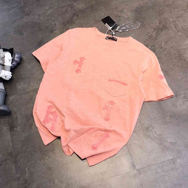 

2022 factory wholesale new cro cross leather label slubby cotton short t-shirt women's summer pink round neck letter printing loose fas, White