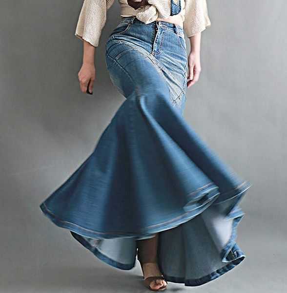 

autumn winter bottom vintage blue mermaid denim skirts for women high waist skinny washed maxi skirts female sale shipping q1209, Black
