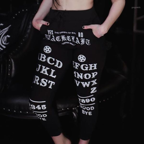 

pants elastic waist women cotton black gothic punk letter printed legging tapered carrot1, Black;white