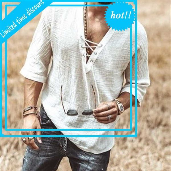 

men fashion hippie linen shirt casual middle mouwen v-neck summer beach loose tea effects color t shirts 2021 new, White