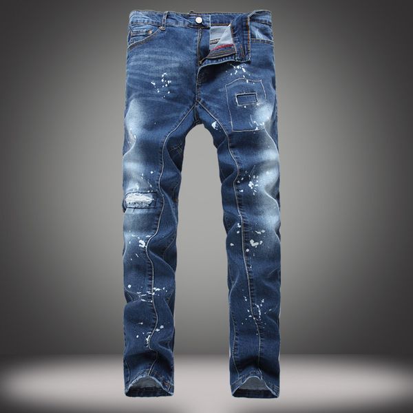 

hole stretch slim straight pants patch splash men's trousers jeans, Blue