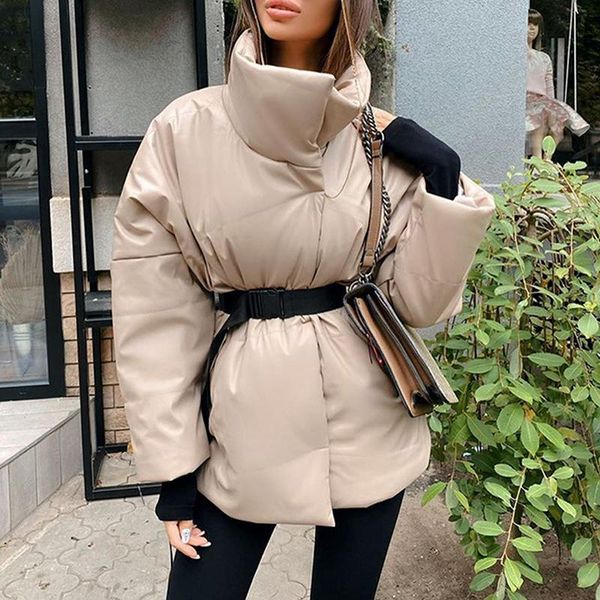 

women's down & parkas autumn winter women coat jacket warm with belt casual 2021 loose pocket bubble khaki sashes short thick for ladie, Black