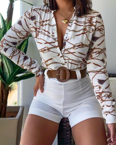 

2020 spring autumn blouse women v neck chic casual long sleeve shirt chain retro pattern print blouse buttoned ladies, White