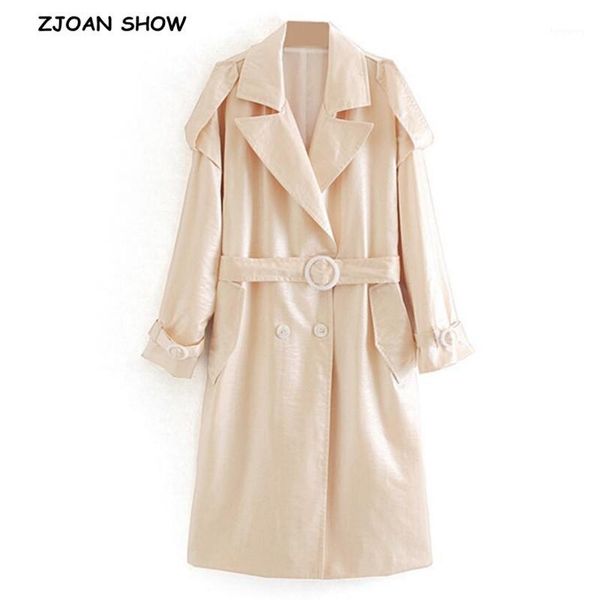 

2020 chic new notched collar rainbow effect bright long windbreaker buckle tie bow sashes women trench loose coat outwear1, Tan;black