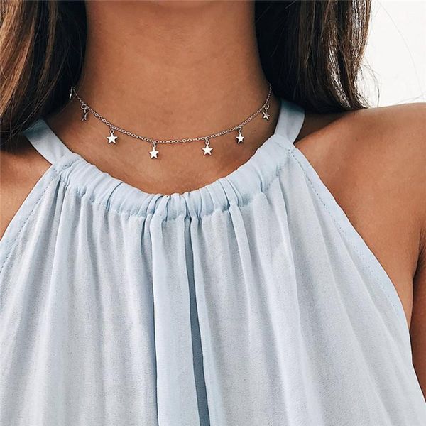 

fashion thickened pentagram pendant necklace silver color star women choker jewelry1 chokers, Golden;silver