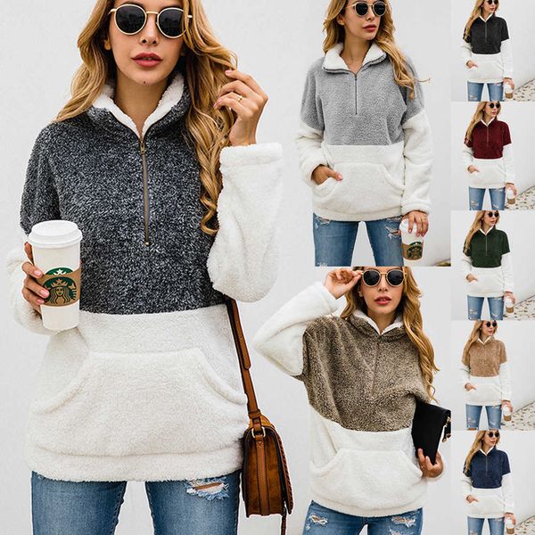 

women patchwork pullover long sleeve zipper stand collar fleece sweatshirt soft outwear with pockets hoodie coat ljja3091, Black