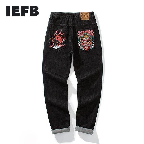 

men's jeans iefb autumn chinese style embroidery black fashion long pants straight trend denim vintage trousers 2021 9y4856, Blue