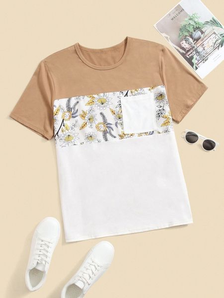 

men 1pc floral print colorblock patched pocket tee 29tq#, White;black