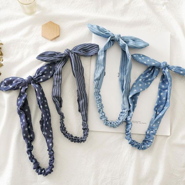 

summer women cute rabbit ears headband denim cloth star striped bowknot hair band elastic turban girls hairband hair accessories q sqcgkm