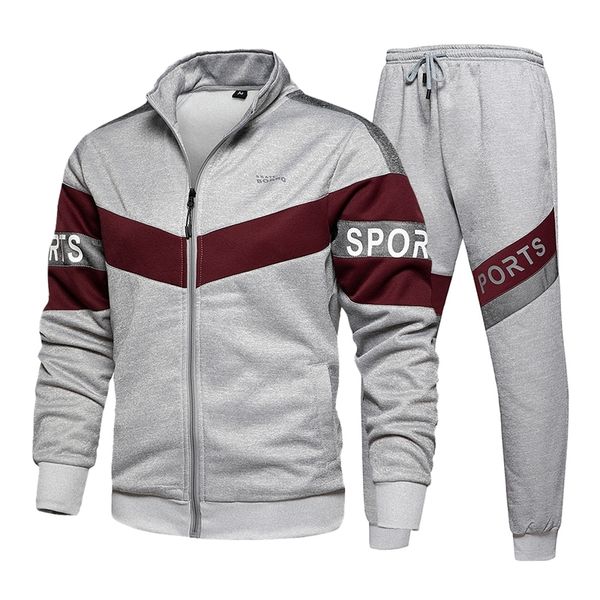 

new men's casual stitching tracksuit autumn running 2 pieces sport set men long sleeve zipper sweatshirt sets winter gym clothes 201201, Gray