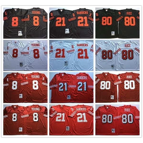 Jersey Vintage São Francisco 75º aniversário Camisa #8 Steve Young Jersey 21 Deion Sanders 80 Jerry Rice Red Branco Black Mens Futebol