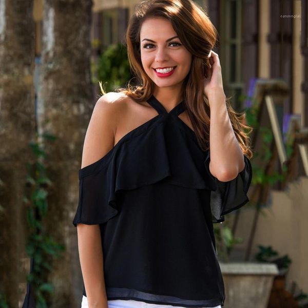 

summer backless chiffon shirt off shoulder solid color women's casual fashion sweet shirt1, White