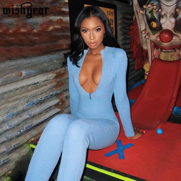 

solid ribbed knitted bodycon jumpsuit turtleneck front zipper long sleeve romper women bodysuit clubwear outfit overalls t200810, Black;white