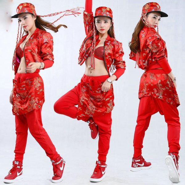 

hip hop dance costume red dragon and phoenix embroidery coat pants men women stage clothes for singers jazz wear dt10641, Black;red