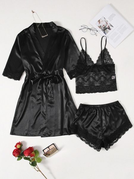 

plus lace cami & satin shorts & belted robe o2qw#, Black;white
