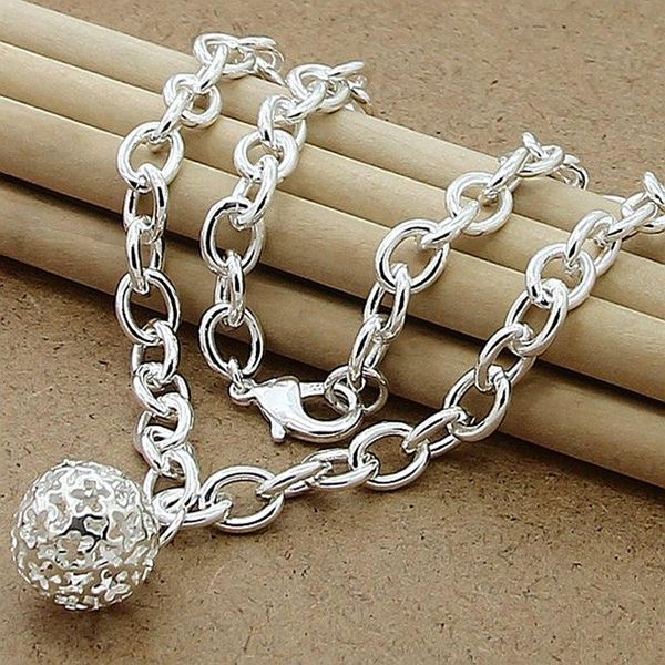 

925 sterling silver hollow ball heart pendant 18" chain necklace for women wedding engagement fashion jewelry