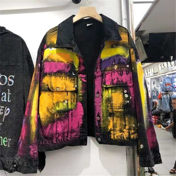 

heavy industry painted denim jacket streetwear women's 2020 autumn new fashion loose contrasting color short jean coat outwear, Black;brown
