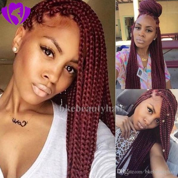 

elling burgundy braided lace wig hand tied glueless high temperature braids synthetic full lace front wig for africa american women, Black