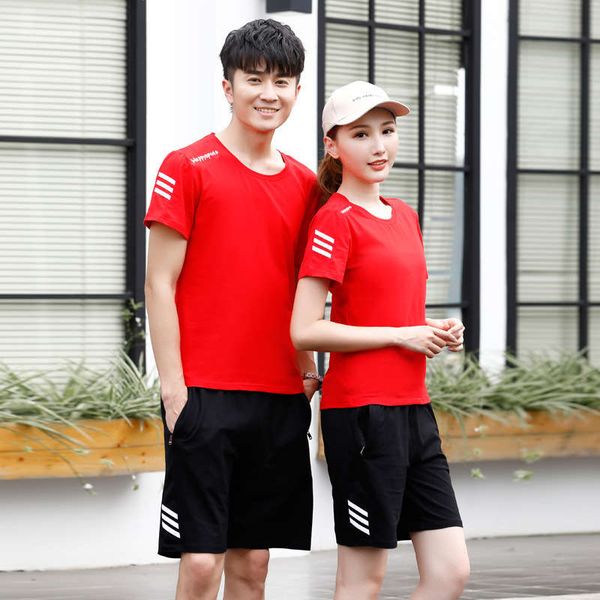 

summer new sports suit women's running sportswear couple fashion casual wear men's short sleeve shorts two piece set, Gray