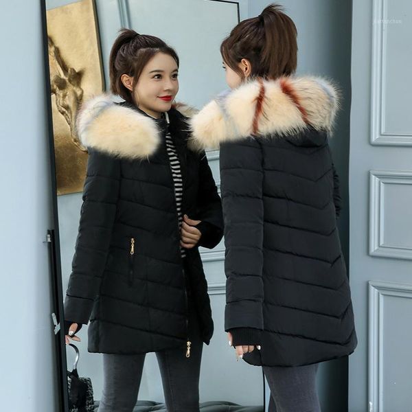

winter female long jacket 2021 new winter coat women fake fur collar parkas woman plus size s-3xl down jacket1, Black