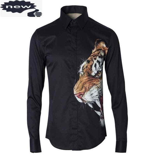 

tiger head 3d digital printing cotton 2021 new men long sleeve male fashion turn down collar casual shirts plus size c1210, White;black