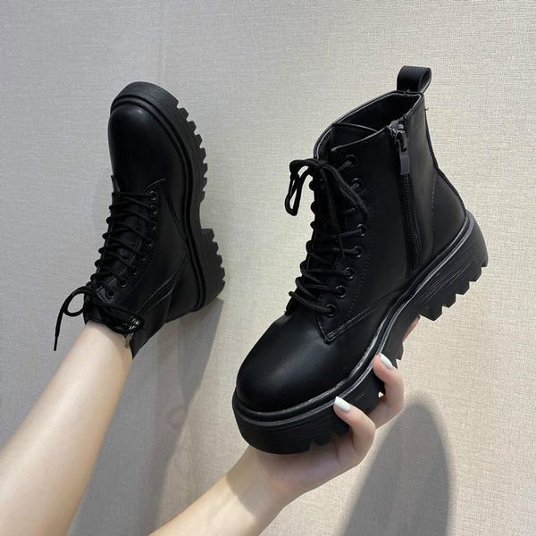 

boots black platform women winter leather lace up ankle motorcycle thick heel high heels m1-32